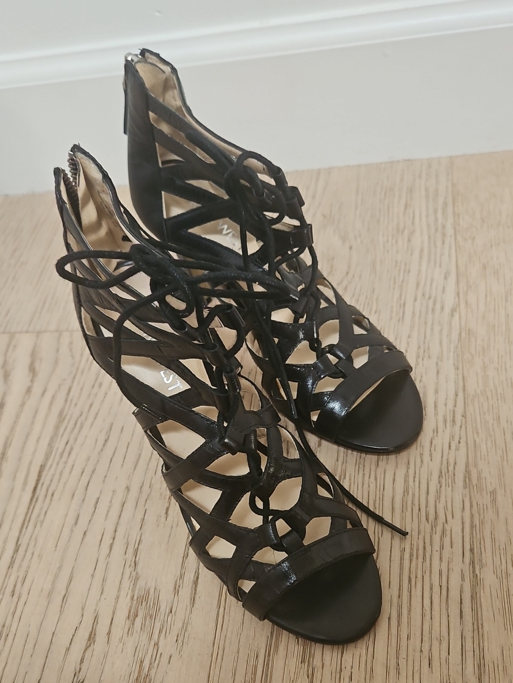 Nine West Black Lace-Up Caged High Heel Sandals
